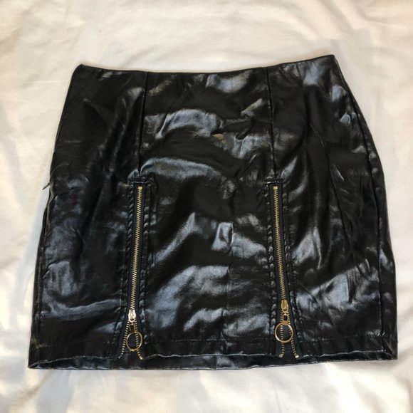 Black Leather DoubleZipper Short Mini Bodycon Skirt - Picture 6 of 7